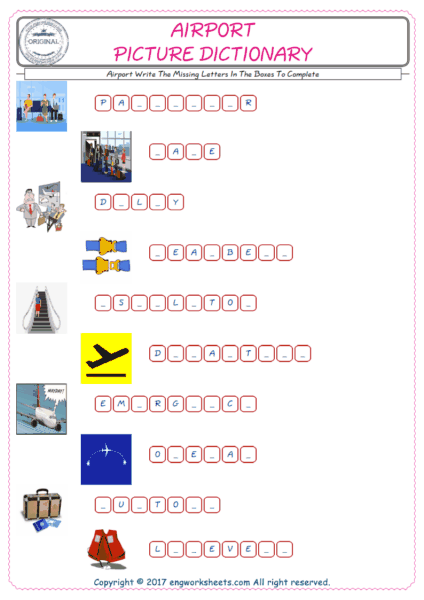  Type in the blank and learn the missing letters in the Airport words given for kids English worksheet. 
